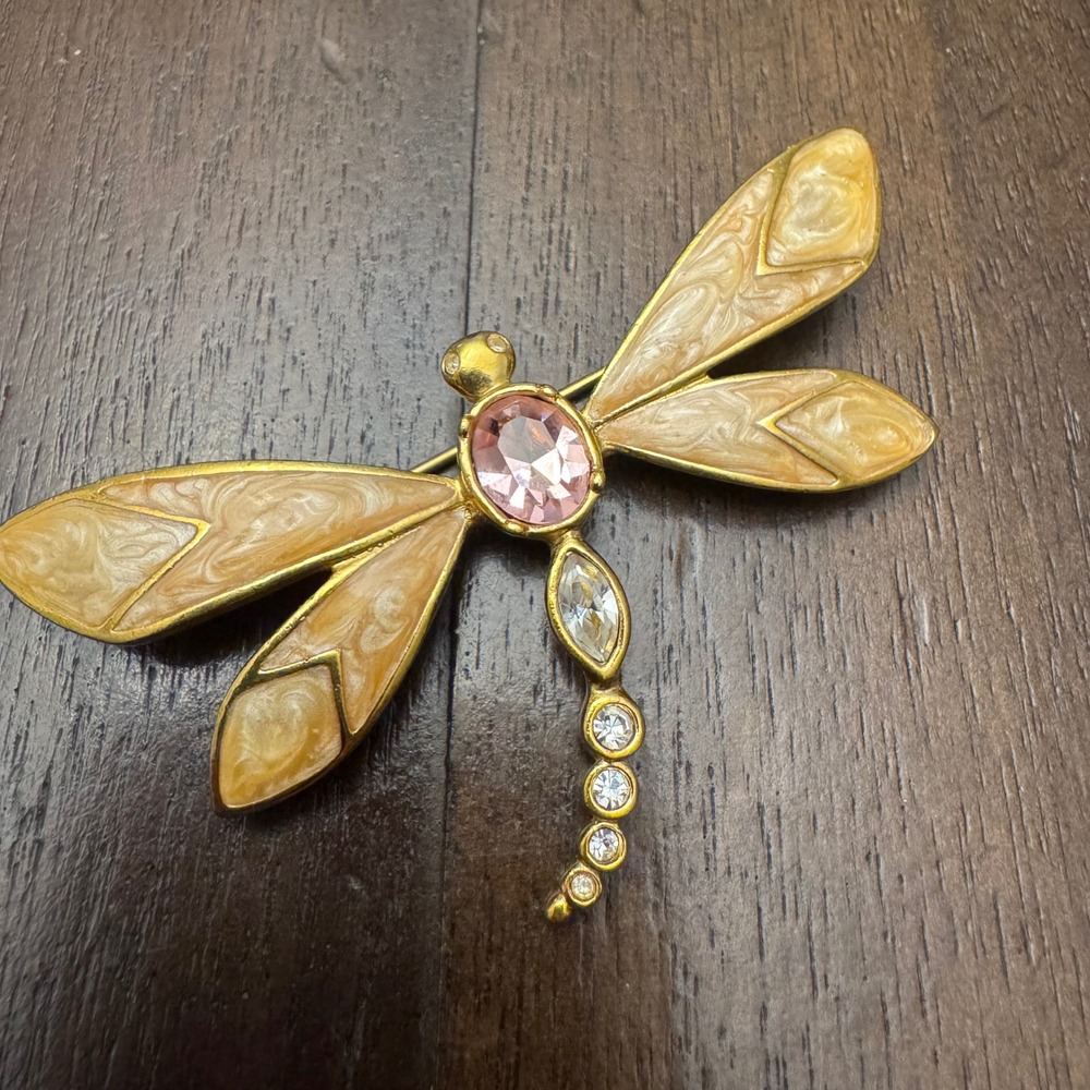 Kenneth Jay Lane for Avon Dragonfly Brooch Women Gold Pink Enamel Crystal Pin